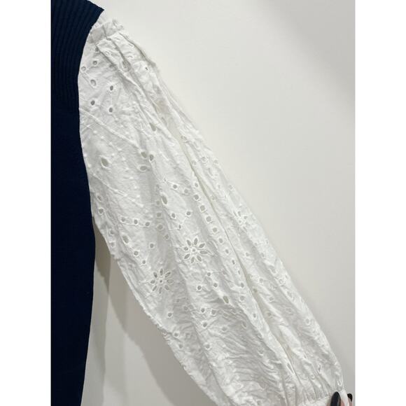 Veronica Beard Roy Navy Mixed Media Pullover with Eyelet Sleeves - Picture 7 of 10